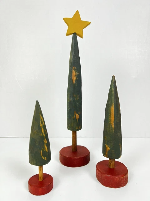 Original Primitive Country Folk Art Christmas Decor Tree Set Carved Signed Wood