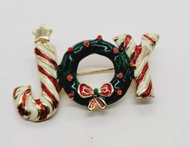 Red White ENAMEL Spell out JOY Wreath Brooch Pin Gold Tone Holiday Christmas #B