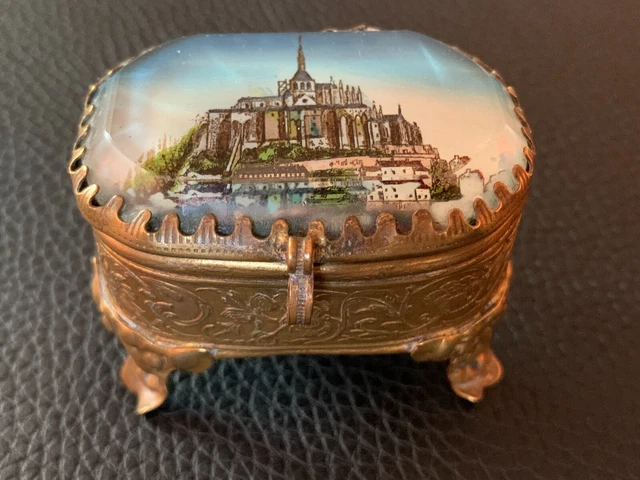 Art Deco French Jewellery Casket Box Ormolu Bevelled Faceted Glass & Gilt Brass