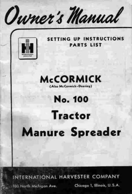 Tractor Operator Service Parts Manual Ih Mccormick-Deering No. 100 Manure Spread