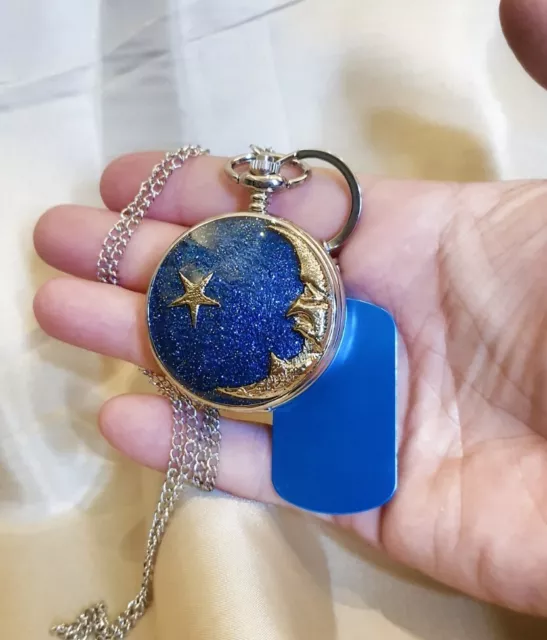 The Moon And Star Pocket Watch And Chain Quartz Galaxy Blue Pocket Watch Gift