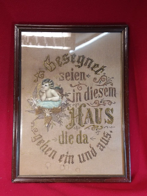 Antikes Gedenkbild Stickbild Volkskunst Gestickt Engel 1900 (1569)