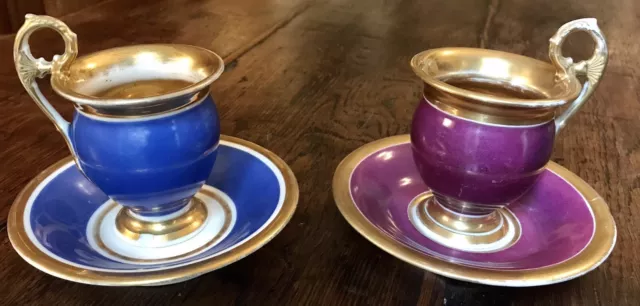 PAIRE TASSES PORCELAINE PARIS ÉPOQUE EMPIRE RESTAURATION DÉBUT XIX 19eme SIÈCLE
