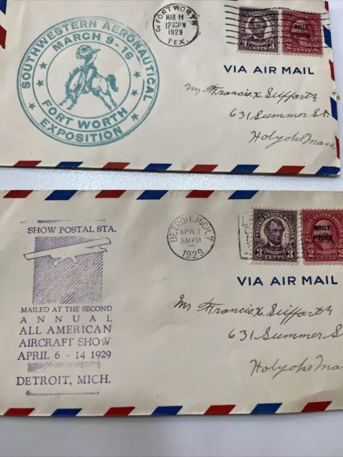 2  Molly Pitcher 2c & 2  Lincoln 3c   AIRMAIL ENV. MAILED 1929