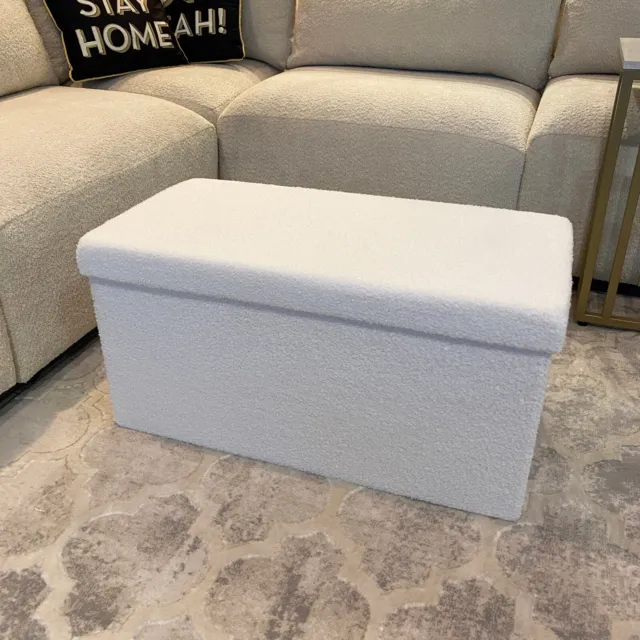 Luxurious Foldable Large White Teddy Velvet Storage Box Ottoman Seat