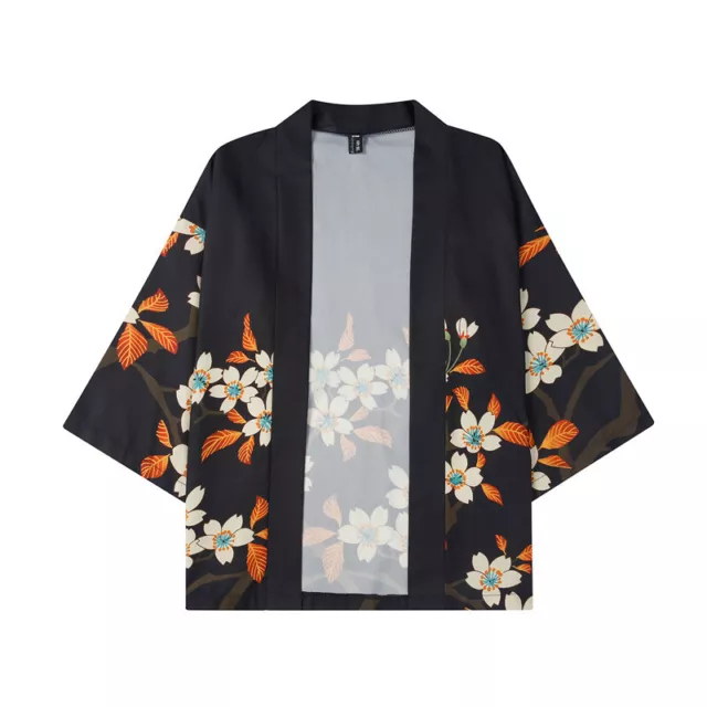 Uomo Cinese Fiore Stampa Cardigan Cappotto Kimono Yukata Giacca 3/4 Maniche