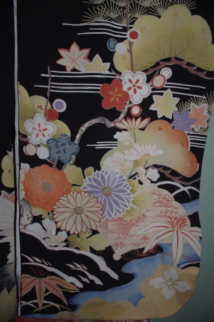 Classic! Antique Vintage Japanese Kimono Kuro furisode hikizuri Taisho Showa 5
