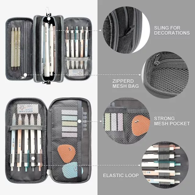 Trousse Scolaire Crayon Etui Maquillage Molleton Grande Capacite 3 Poches Zip 3