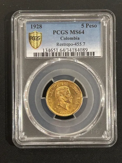 1928 Colombia 5 Pesos Gold PCGS 64 MS 64 Mint State Simon Bolivar UNC BU NICE!