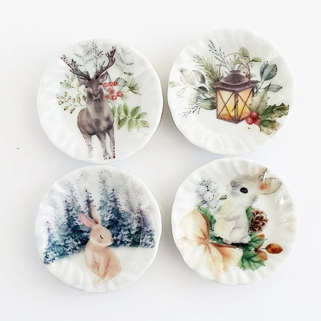 Lot De 4 Assiettes Miniatures échelle 1/12 – Porcelaine, Décoration Maison De Poupée