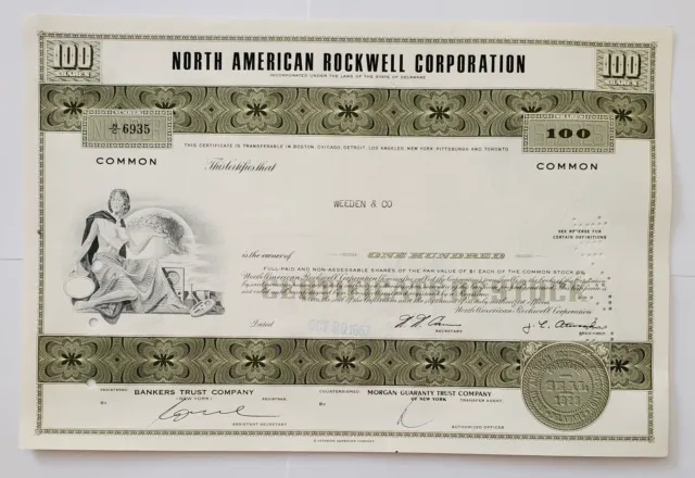 Vintage NORTH AMERICAN ROCKWELL CORPORATION Stock Certificate 1967; 100 Shares