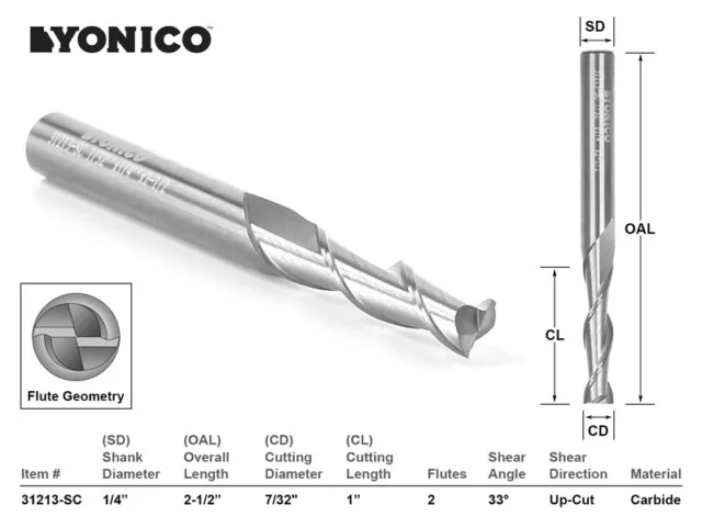 7/32" Dia. Upcut Spiral End Mill CNC Router Bit - 1/4" Shank - Yonico 31213-SC