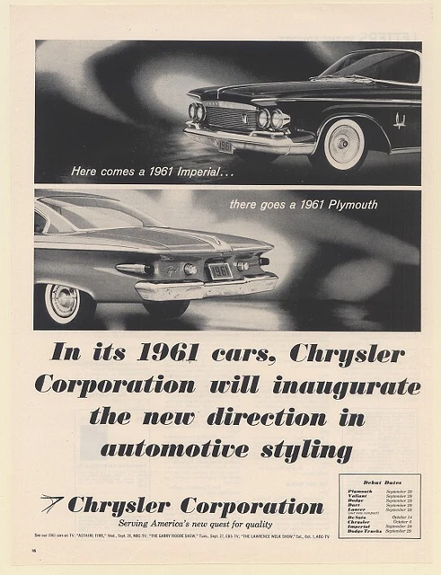 1960 Chrysler New Direction in Automotive Styling 1961 Imperial and Plymouth Ad
