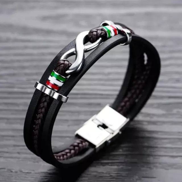 Bracciale Uomo con Infinito e tricolore acciaio cinturino cuoio - Idea regalo