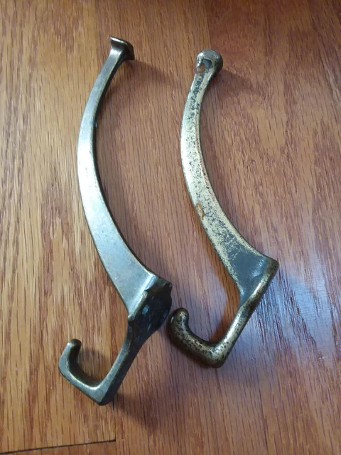 2 Vintage Large 6" Brass Wall Mount Coat Hat Towel Double Hook Hall Tree