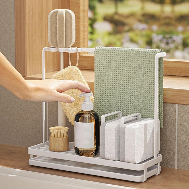 Dishcloth Hanger Dish Soap Dispenser Drain Rack with Removable Drain Tray