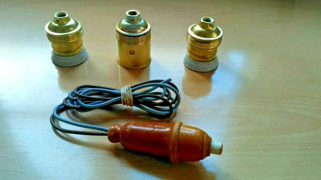 Interruptor Aereo Tipo Pera De Madera + 3 Casquillos Dorados Porcelana