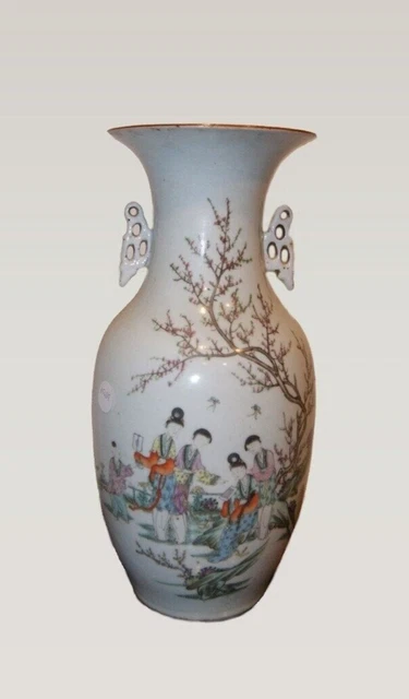 Antiguo jarrón de porcelana china personajes arte asiático flores cereza raro antiguo 19c