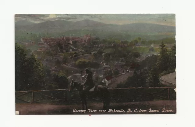 Vintage Postcard ** EVENING VIEW OVER ASHEVILLE NC ** FROM SUNSET DRIVE  **HORSE