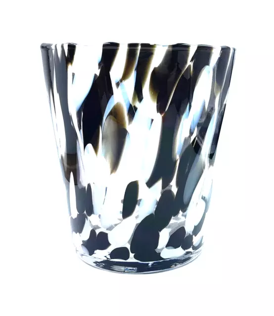 La Perla Wide Crystal Pearl Vase Handmade White & Black Fused Glass 6" x 6"