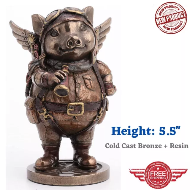 5" Steampunk Aviator Flying Pig Pilot Statue Military Hog Figurine Bronze Finish