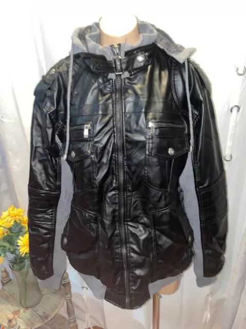 Robert Phillipe Mens Black Faux Leather Jacket Zip Pockets Hoodie Size XL