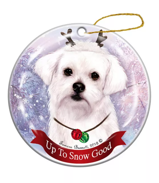 Holiday Pet Gifts Maltese Dog Porcelain Reindeer Christmas Ornament