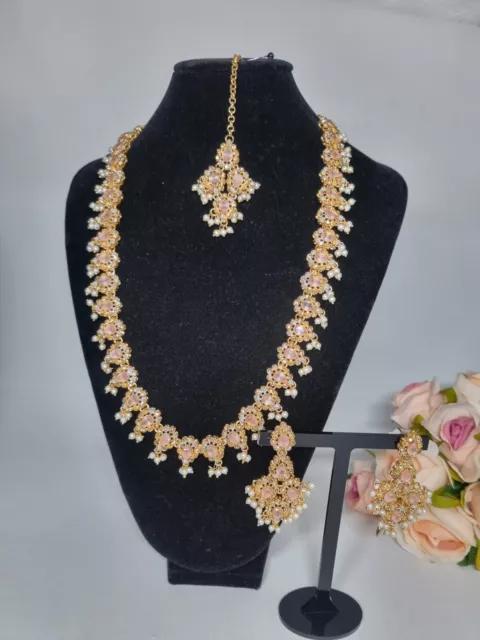 Indian Pakistani 3 piece gold Mala set with Pink And Pearl Stones