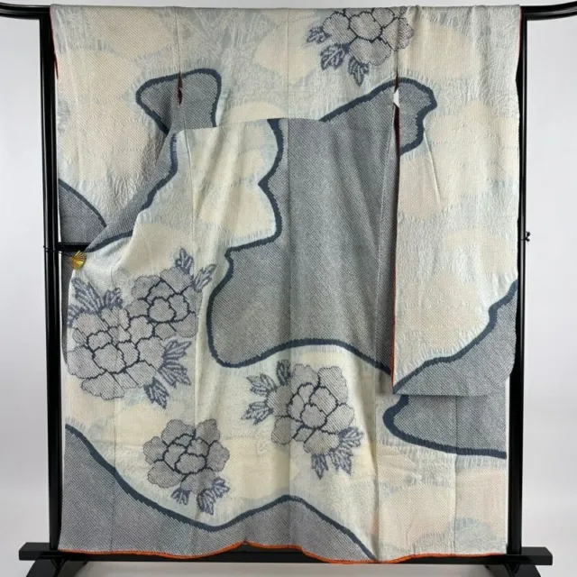 Japanese Kimono Furisode Pure Silk Bluish Grey Soshibori Moutan Lined kimono