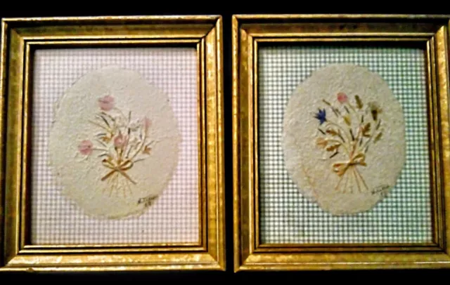 2 VTG Framed Pressed Dried Flower Handmade Paper Art Interia 1997 Cottage Decor