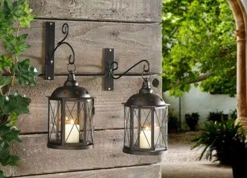 Hänge-Laterne Metall Wandlaterne Windlicht Kerzenhalter Garten Lampe Antik Look