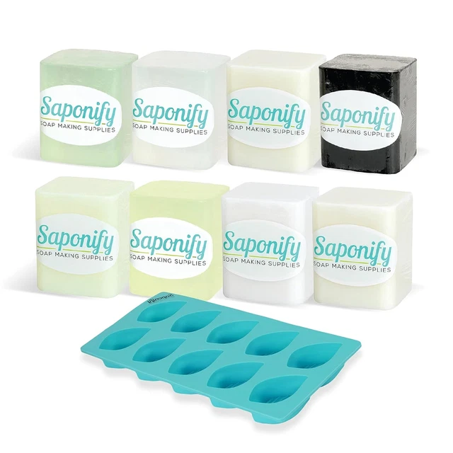 Saponify - Kit de muestreo de base de jabón para derretir y verter, molde de silicona, aloe, transparente, aceite,