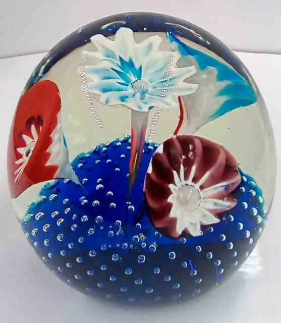 Murano Style Glass Paperweight Clear Floral Bubble Art Glass Blue White Red Vtg