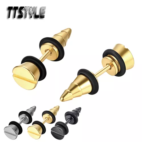 TTstyle 7mm Stainless Steel Screw Fake Ear Plug Spike Earrings 3 Colors New