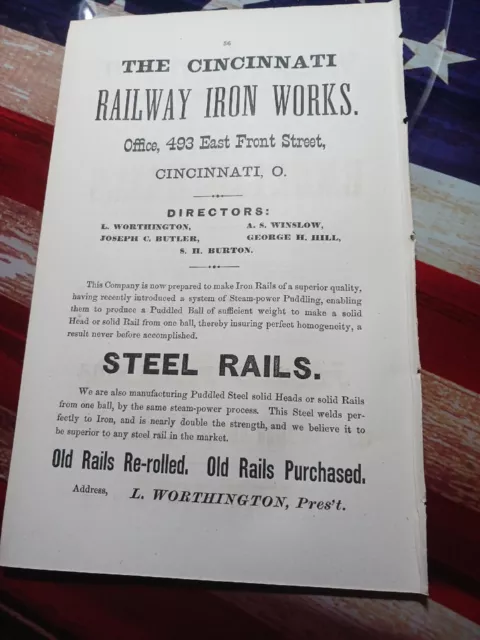 1871 print ad CINCINNATI RAILWAY IRON WORKS railroad steel rails track Ohio