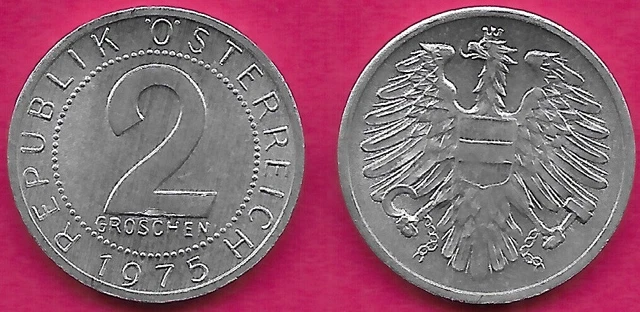 Austria 2 Groschen 1975 Unc Imperial Eagle With Austrian Shield On Breast,Holdin