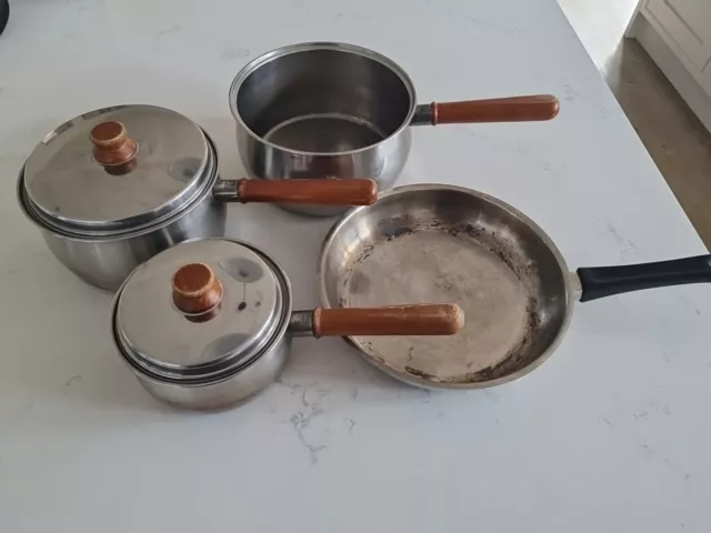 4 X Prestige Lifetime Vintage Stainless Steel Copper Bottom Pan Set Wood Handle