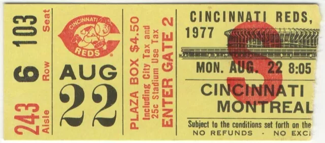 1977 CINCINNATI REDS vs MONTREAL EXPOS ticket stub JOHNNY BENCH hit 8/22/77