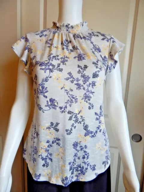 Adrienne Vittadini Women's Floral Print Flutter Sleeve Mock Neck Top Size Small