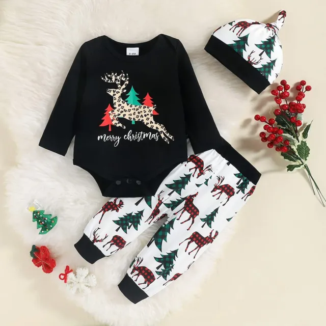 Toddler Baby Kids Girls Boys Clothes Christmas Print Romper Pant Hat Outfit