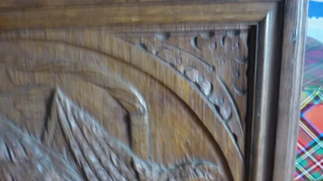 Antique French Hunting Style Carved Panel in Solid Oak Wood riders and falcon 7