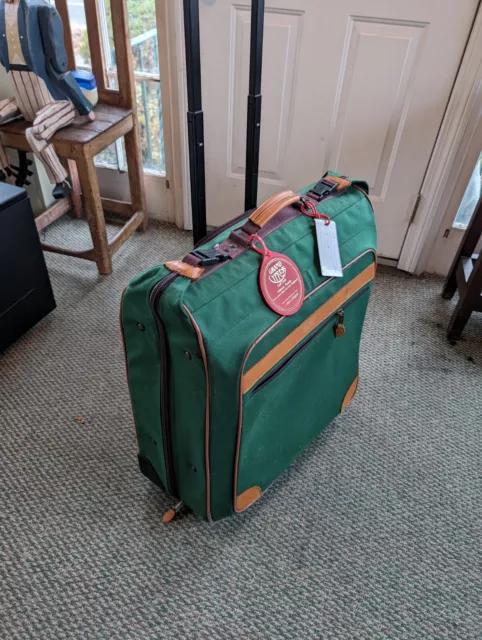 LL Bean Large Green Rolling Garment Bag Leather Trim Nylon Suitcase Wheels