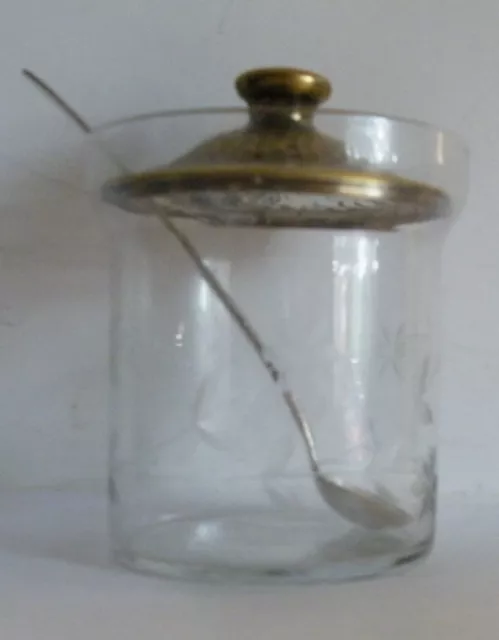 E.&J.B. Sterling Silverplate Lid/Spoon Etched Glass Condiment Jar