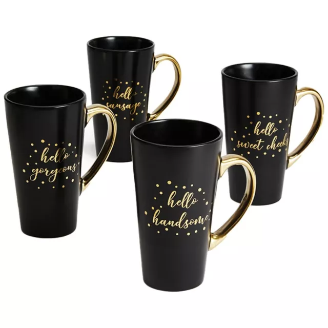 Set of 4 Tall Black Gold Latte Mugs Hot Drinks Tea Coffee Cups Stoneware Ceramic