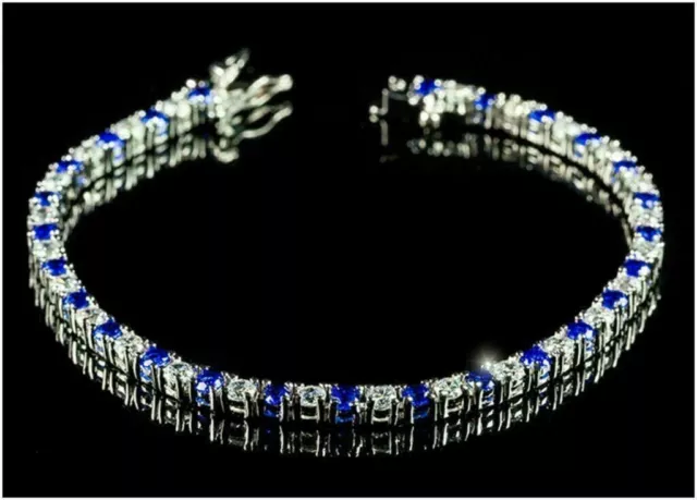 10 Ct Round Cut Simulated Blue Sapphire Tennis Bracelet 14K White Gold Finish