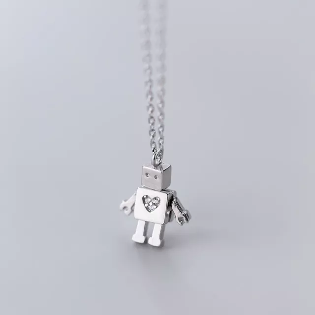 Fashion Woman REAL s925 Sterling Silver Cute Robot Heart Pendant Necklace Choker