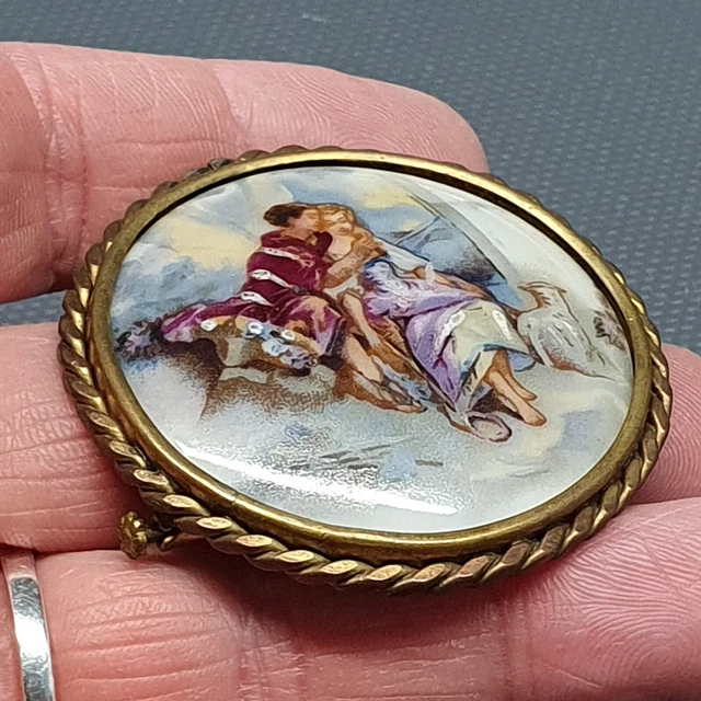 Broche vintage en porcelaine, décor de scène pastorale et