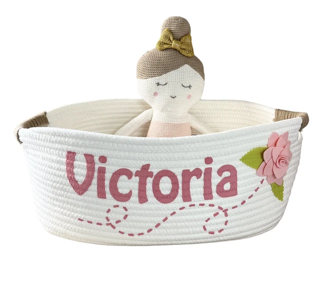 PERSONALIZED Baby Girl gift Basket Nursery Pink Ivory Basket, Baby Shower Gift