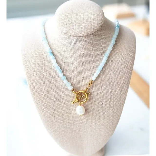 Aquamarine Gemstone Necklace with gold toggle clasp and removeable baroque pearl