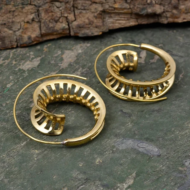 Spiral GOLD PLATED VINTAGE AFGHANI BRASS HOOPS BOHO TRIBAL MANDALA EARRINGS VL2